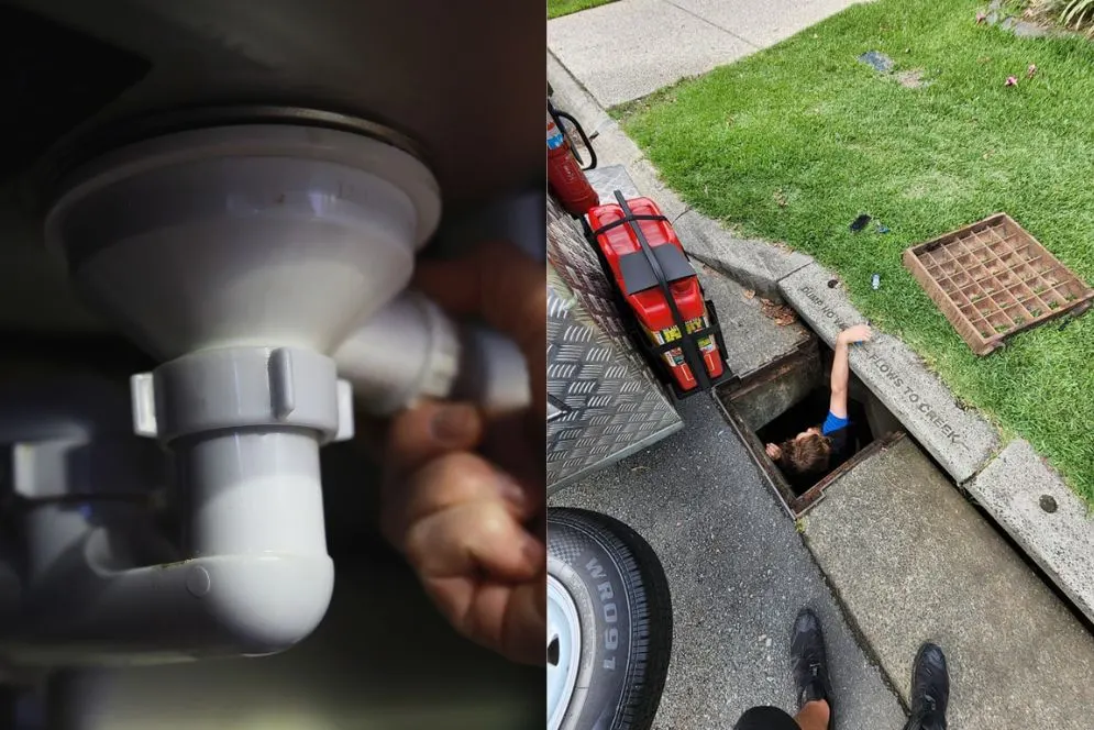 Sink trap and an open street drain with the jetting reel alongside